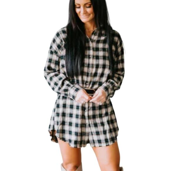 Ellison L Plaid Button Front Shirt Dress Tunic Gray Beige Two Pocket - Picture 1 of 9
